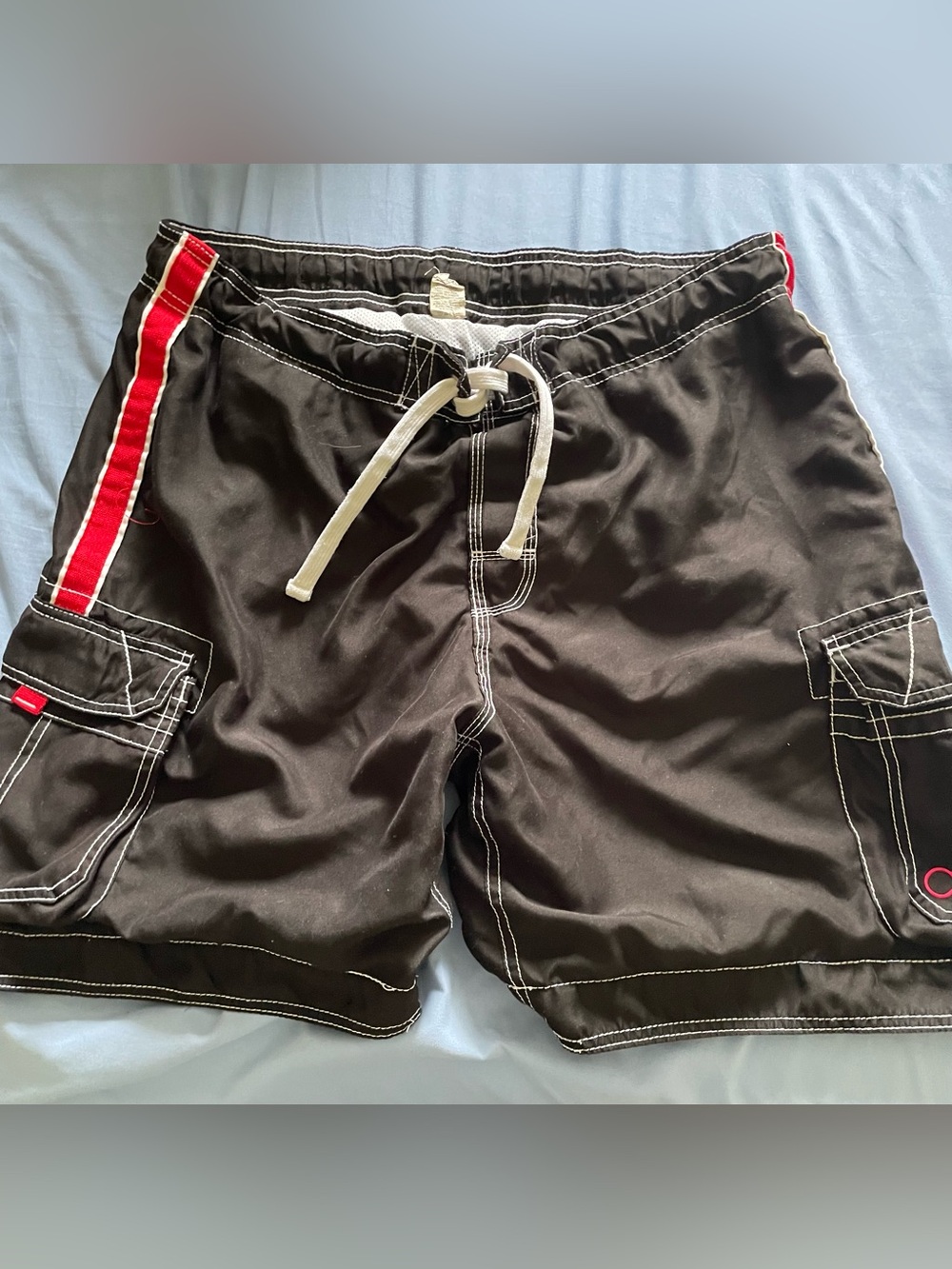 Black Swim Trunks with Red Side Stripe
